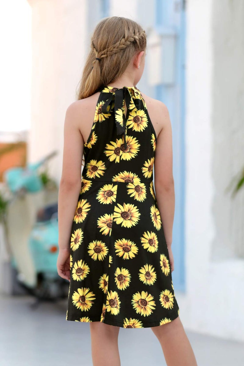 GORLYA Girl's Halter Neck Cold Shoulder Sleeveless Summer Casual Sundress A-line Dress with Pockets for 4-12 Years(GOR1013,10Y,YellowFlower) - Image 2